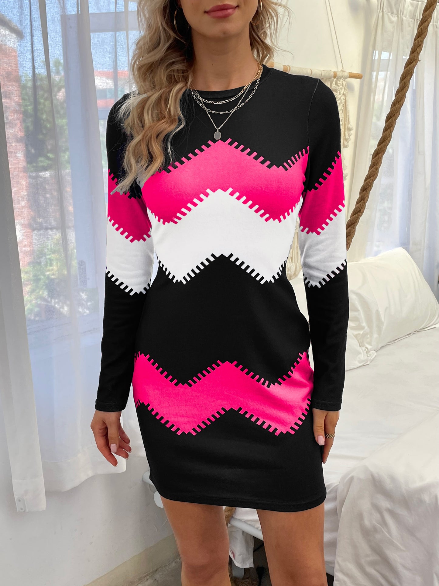 Color Block Simple Dress - Casual Long Sleeve Bodycon Mini Dress - Women's Clothing -