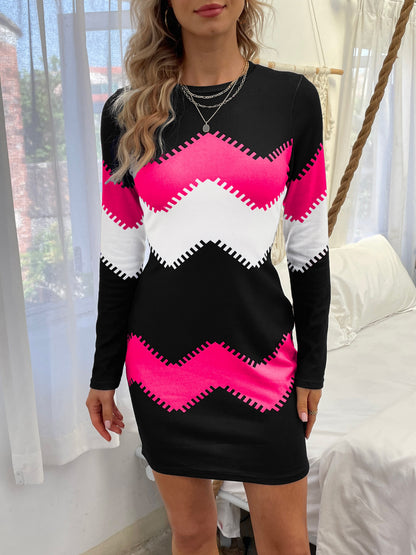 Color Block Simple Dress - Casual Long Sleeve Bodycon Mini Dress - Women's Clothing -