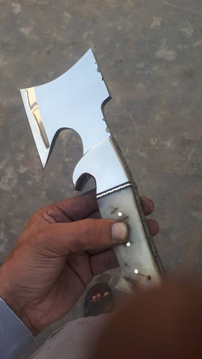 10" AXE HORN HANDLE CUSTOM HANDMADE D2 TOOL STEEL 6 MM THIKNESS BLADE
