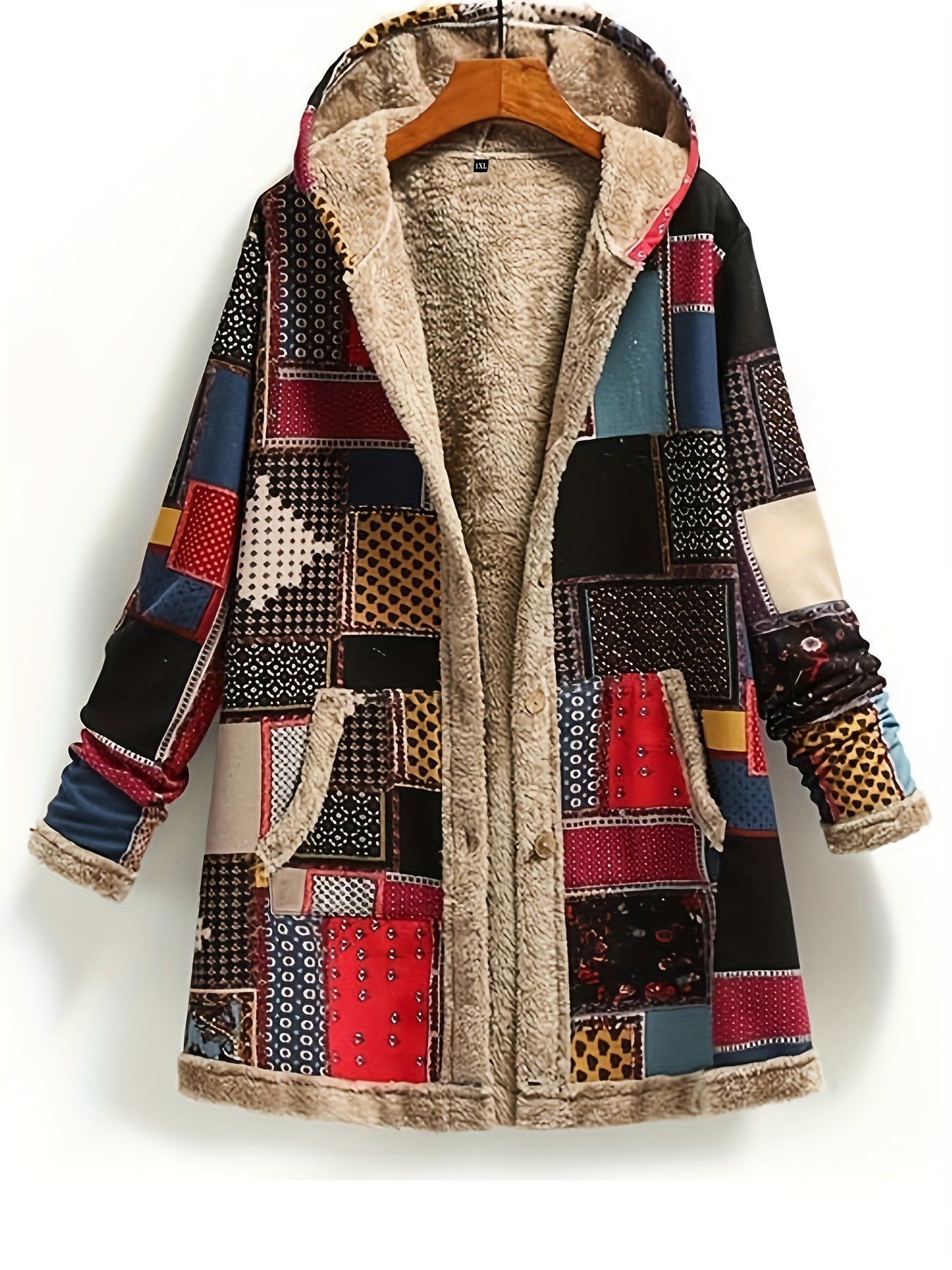 Retro Patchwork Hooded Jacket - Long Sleeve Button Up Casual Lightweight Outerwear For Fall & Winter - Women's Clothesg