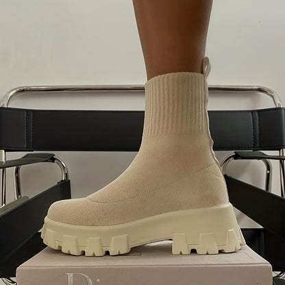 Women's Thick-soled Short Boots - Knitted Round Toe Socks Shoes - Block Heals Snow Boots