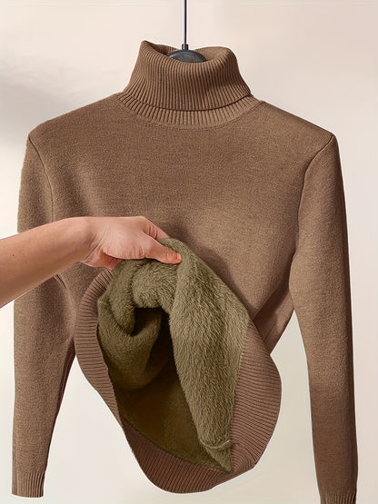 Solid Turtle Neck Pullover Sweater - Casual Long Sleeve Thermal Sweater For Fall & Winter - Women's Clothing