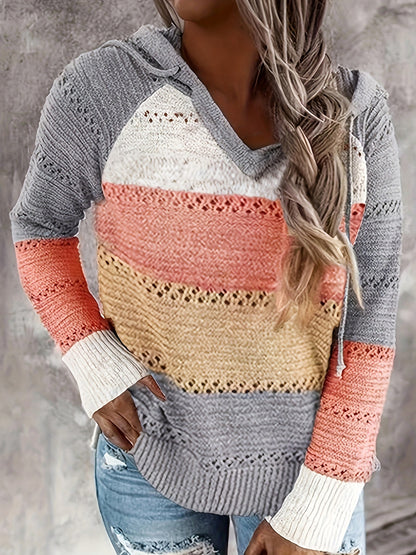 Color Block Hooded Knit Sweater - Vacation Drawstring Long Sleeve Sweater - Women's Clothing