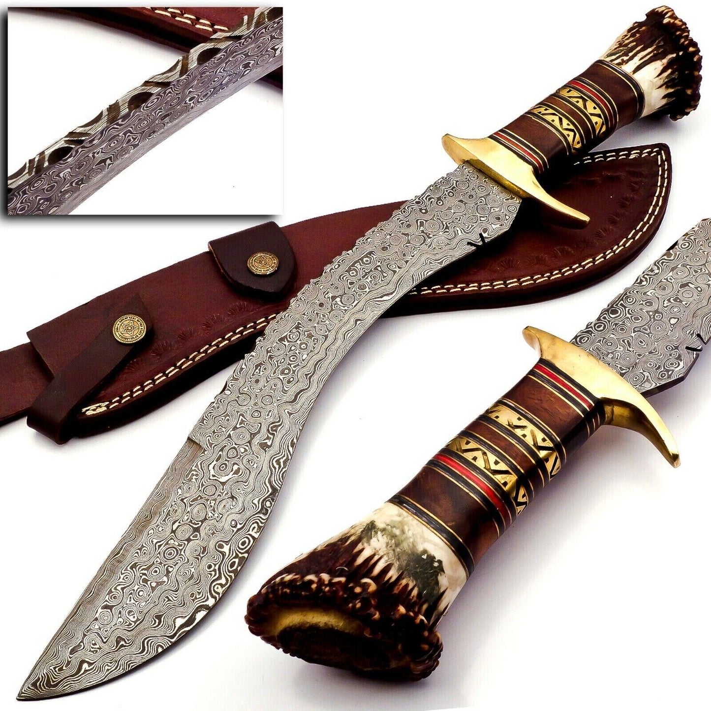 Handmade Damascus Steel Stag Horn Handle Hunting Bowie Kukri Knife