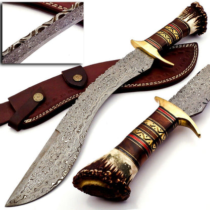Handmade Damascus Steel Stag Horn Handle Hunting Bowie Kukri Knife