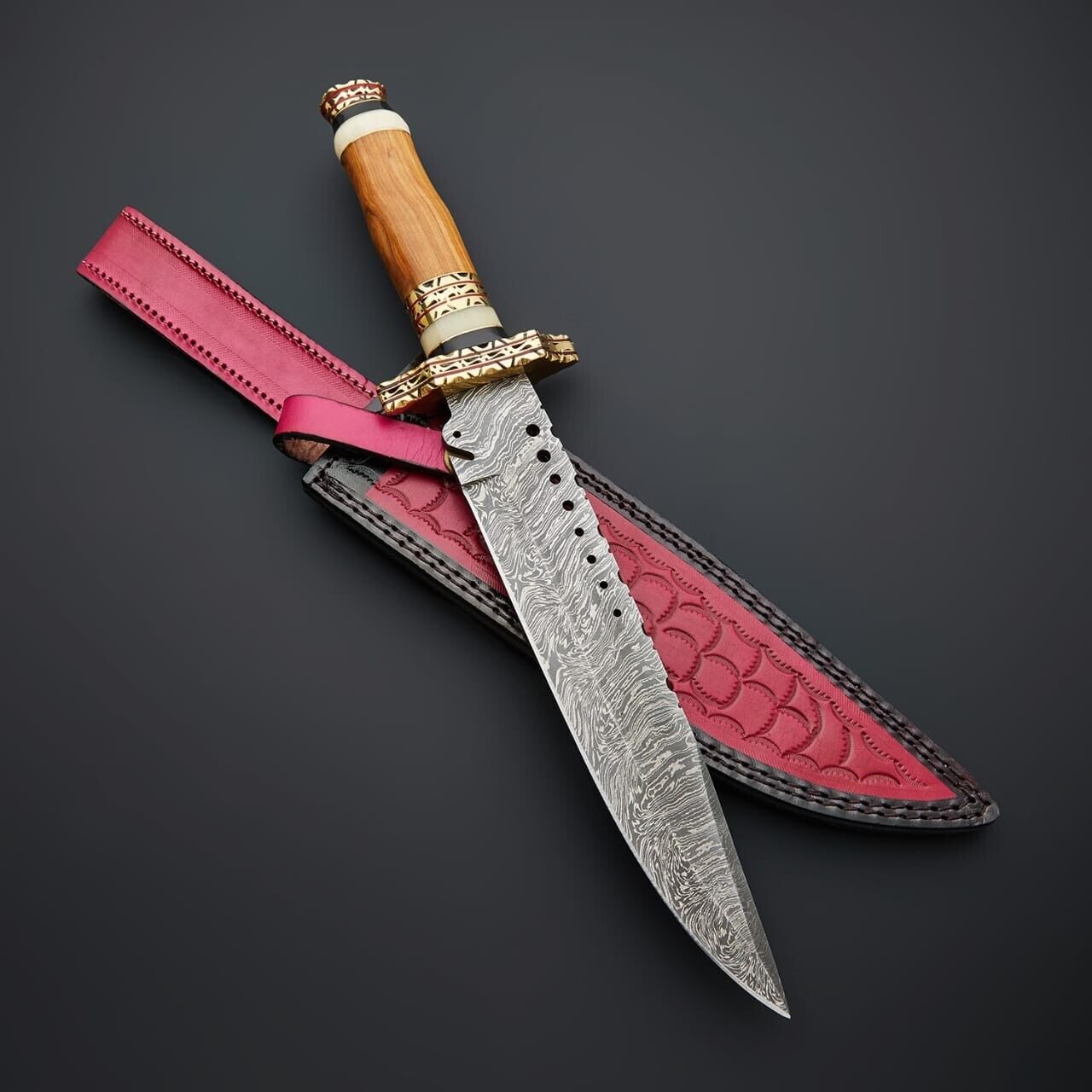 Handmade Damascus Steel Hunting Bowie Knife with Leather Sheath