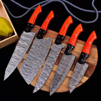 Damascus Chef Set Of 5 Pieces ,Custom Handmade Chef Set , Handmade Damascus Chef Set ,Personalized Gift For Mother ,