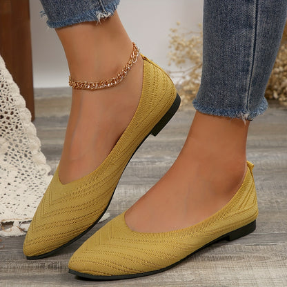 Women's Pointed Toe Flat Shoes - Solid Color Knitted Slip On Shoes - Casual Breathable Ballet Flats
