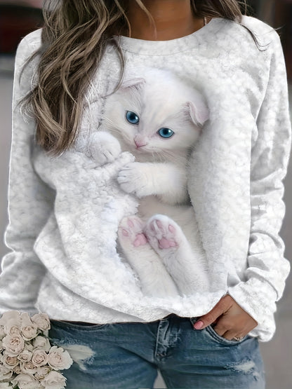Plus Size Kawaii Sweatshirt - Women's Plus Cat Print Long Sleeve Round Neck Sweatshirt