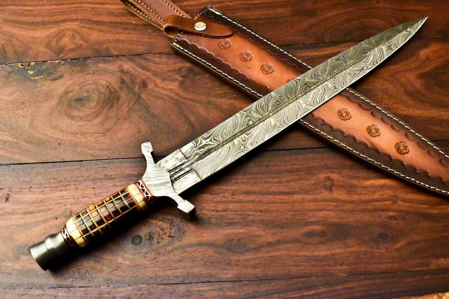 Custom Handmade Damascus Sword Dagger Double Edge