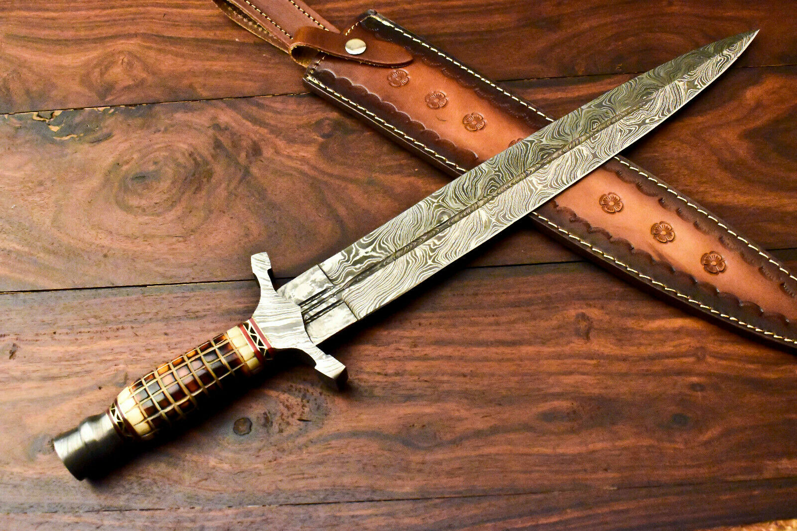 Custom Handmade Damascus Sword Dagger Double Edge