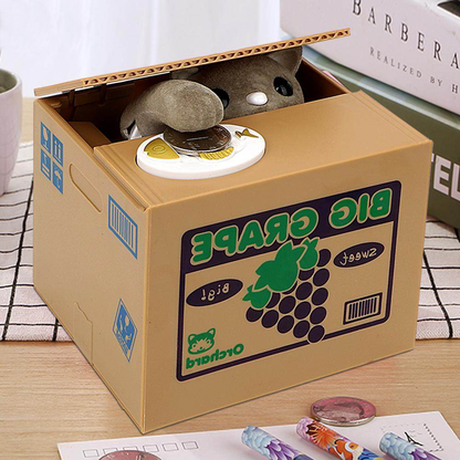 Stealing Coin Cat Piggy Bank, Plastic brown