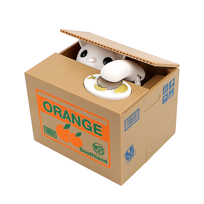 Stealing Coin Cat Piggy Bank, Plastic white