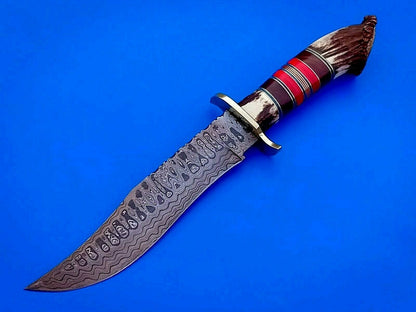 Custom Handmade Damascus Steel Bowie Dagger Kukri Hunting Knife With Stag Crown,