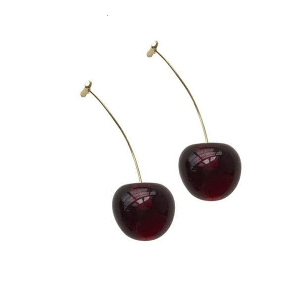 Drop Cherry Earrings With Gold Stems black cherry