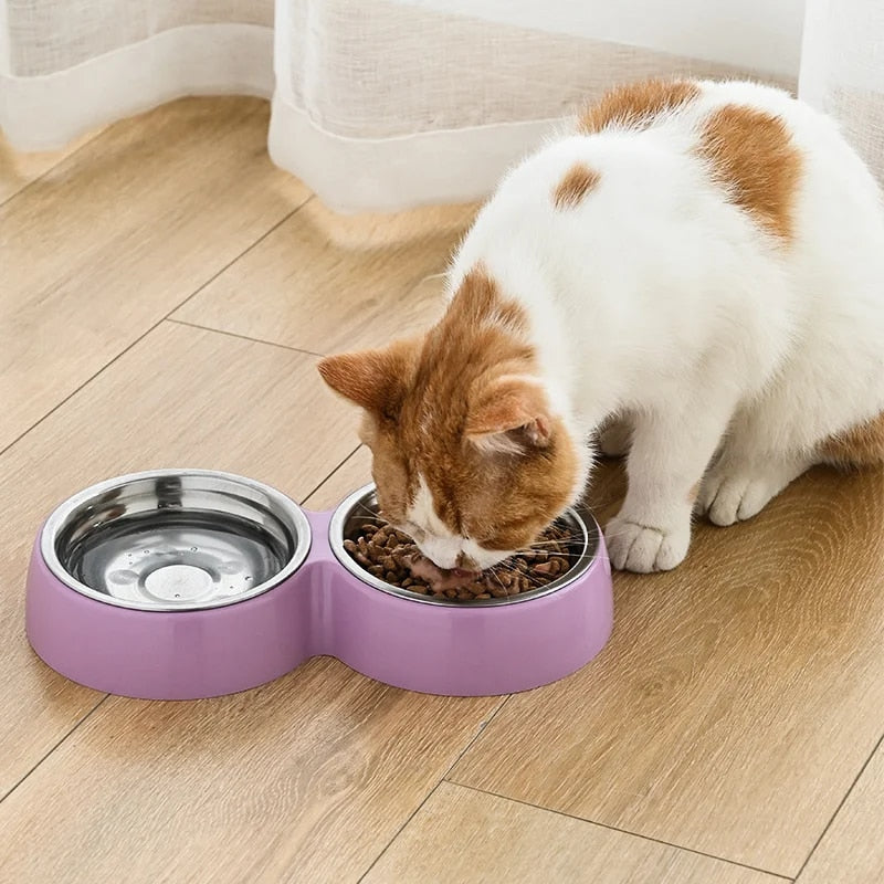 F43TDoublePetFoodBowlStainlessSteelDrinkwarePetDrinkingFoodDogFoodPuppyFeedingSupplies
