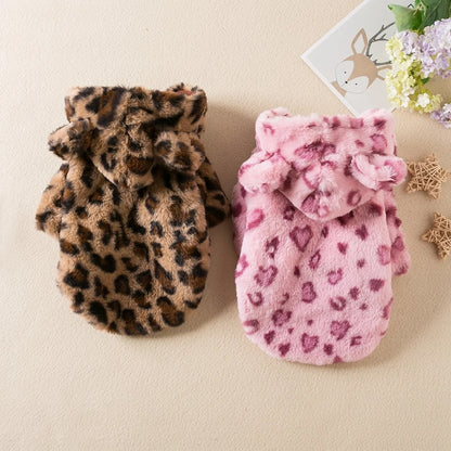 Winter Leopard Print Dog Hoodie: Warm Fleece Coat for French Bulldogs
