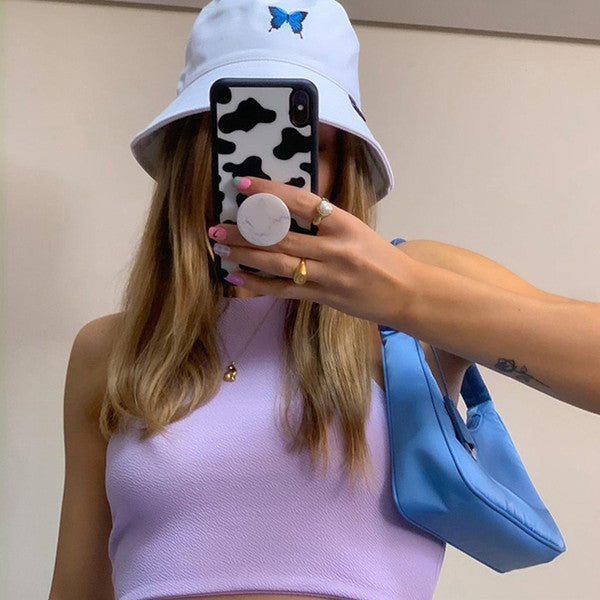 Minimalistic White & Blue Butterfly Bucket Hat