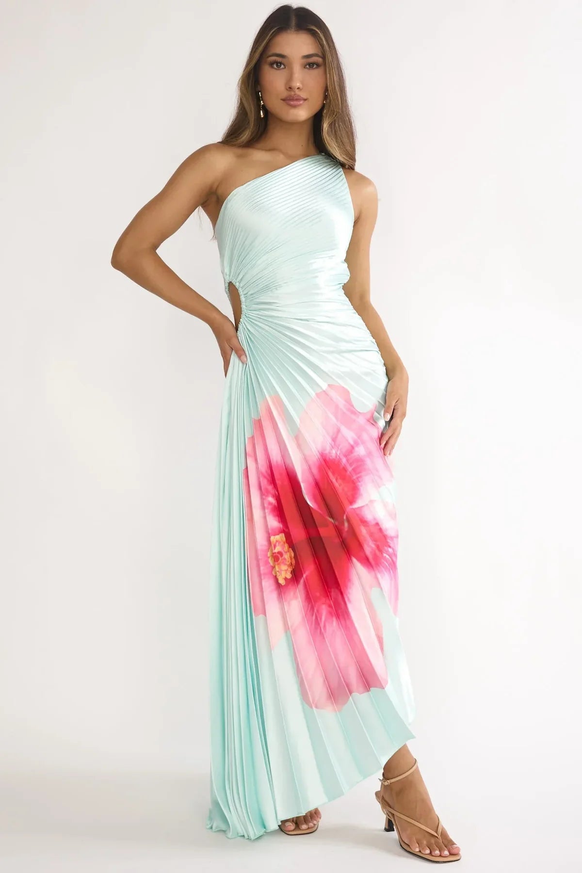 Beth Maxi Dress Mint Floral Pleated Maxi Dress with Cut-Out