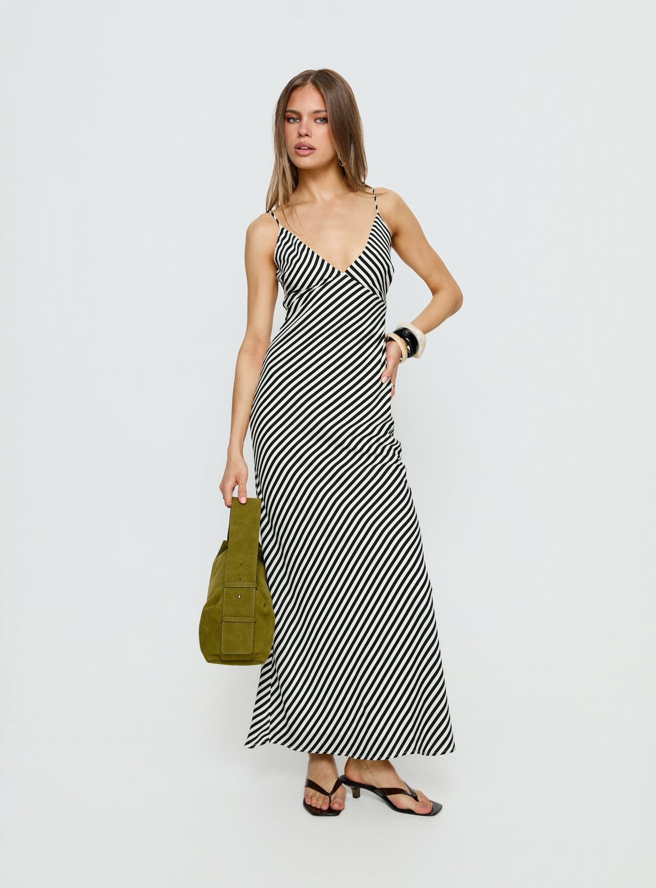 Lesondo V Neck Maxi Dress Black / White Stripe