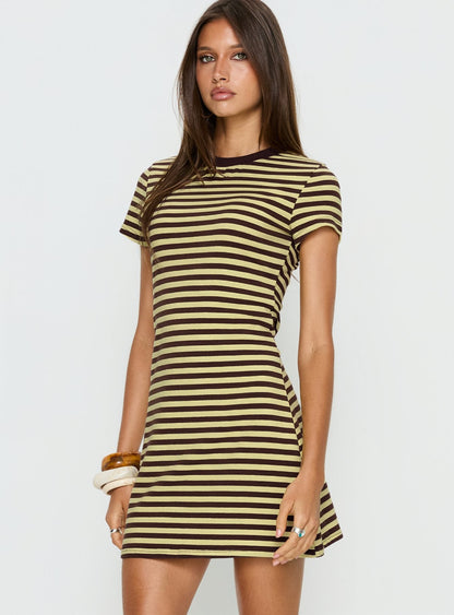 Settle Down Short Sleeve Mini Dress Yellow Stripe