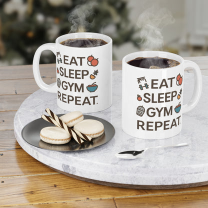 Eat Sleep Gym Repeat Mug — Funny Fitness Ceramic Coffee Cup