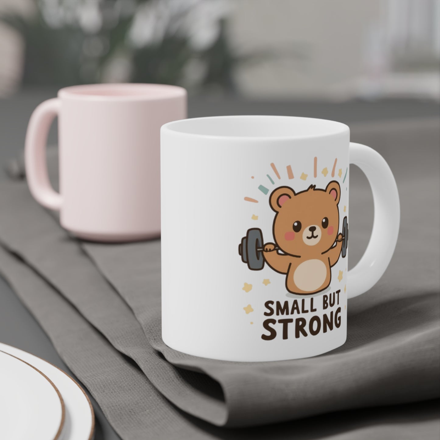 Small But Strong Bear Mug — Cute Motivational Coffee Cup for Gym Lovers