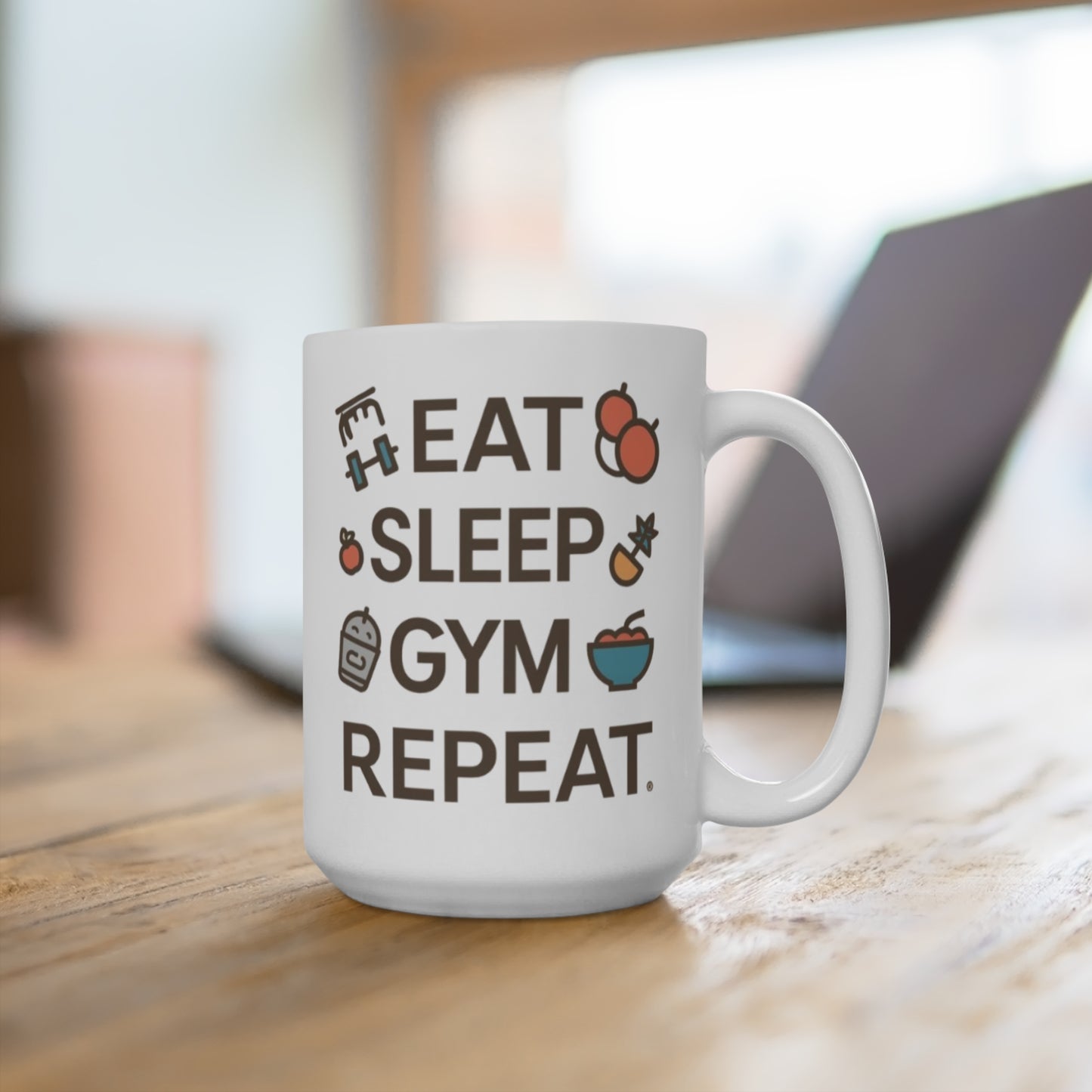 Eat Sleep Gym Repeat Mug — Funny Fitness Ceramic Coffee Cup
