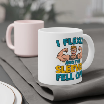 Funny Fitness Mug — “I Flexix and the Sleeves Fell Off” Ceramic Coffee Cup