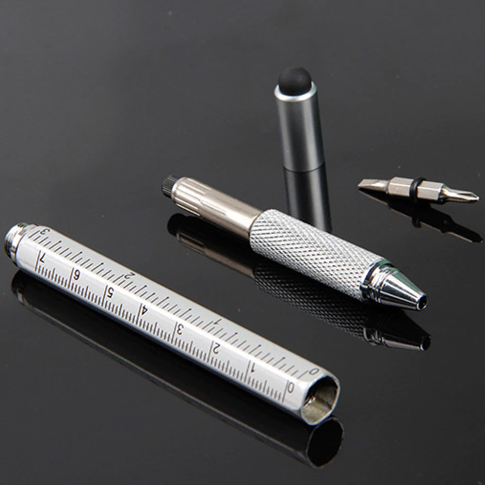 6 In 1 Multi-Functional Stylus Metal Ruler Pen with Level & Screwdriver grey