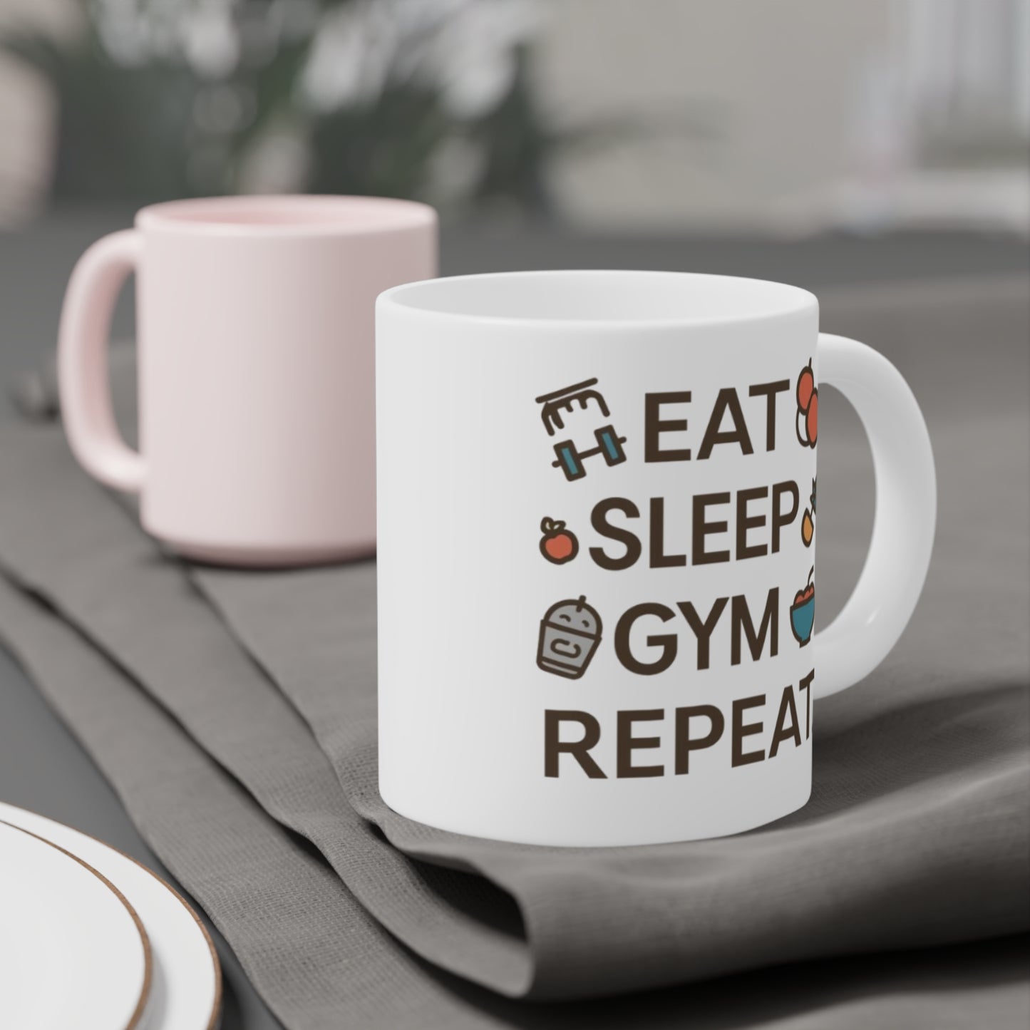 Eat Sleep Gym Repeat Mug — Funny Fitness Ceramic Coffee Cup