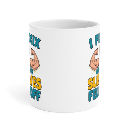 Funny Fitness Mug — “I Flexix and the Sleeves Fell Off” Ceramic Coffee Cup