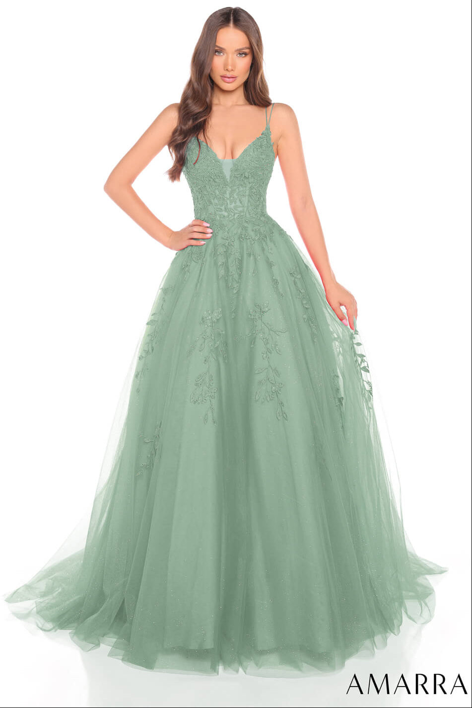 88536 Amarra Floral Ball Gown With Plunging V-Neckline