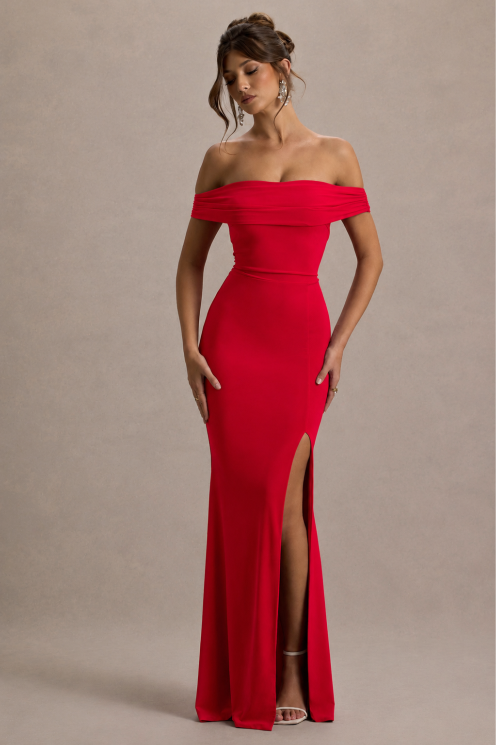 Law of Attraction | Red Bardot Draped Split Maxi Dress
