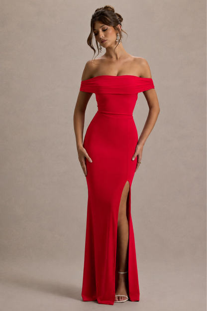 Law of Attraction | Red Bardot Draped Split Maxi Dress