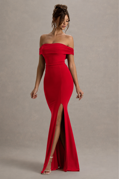 Law of Attraction | Red Bardot Draped Split Maxi Dress