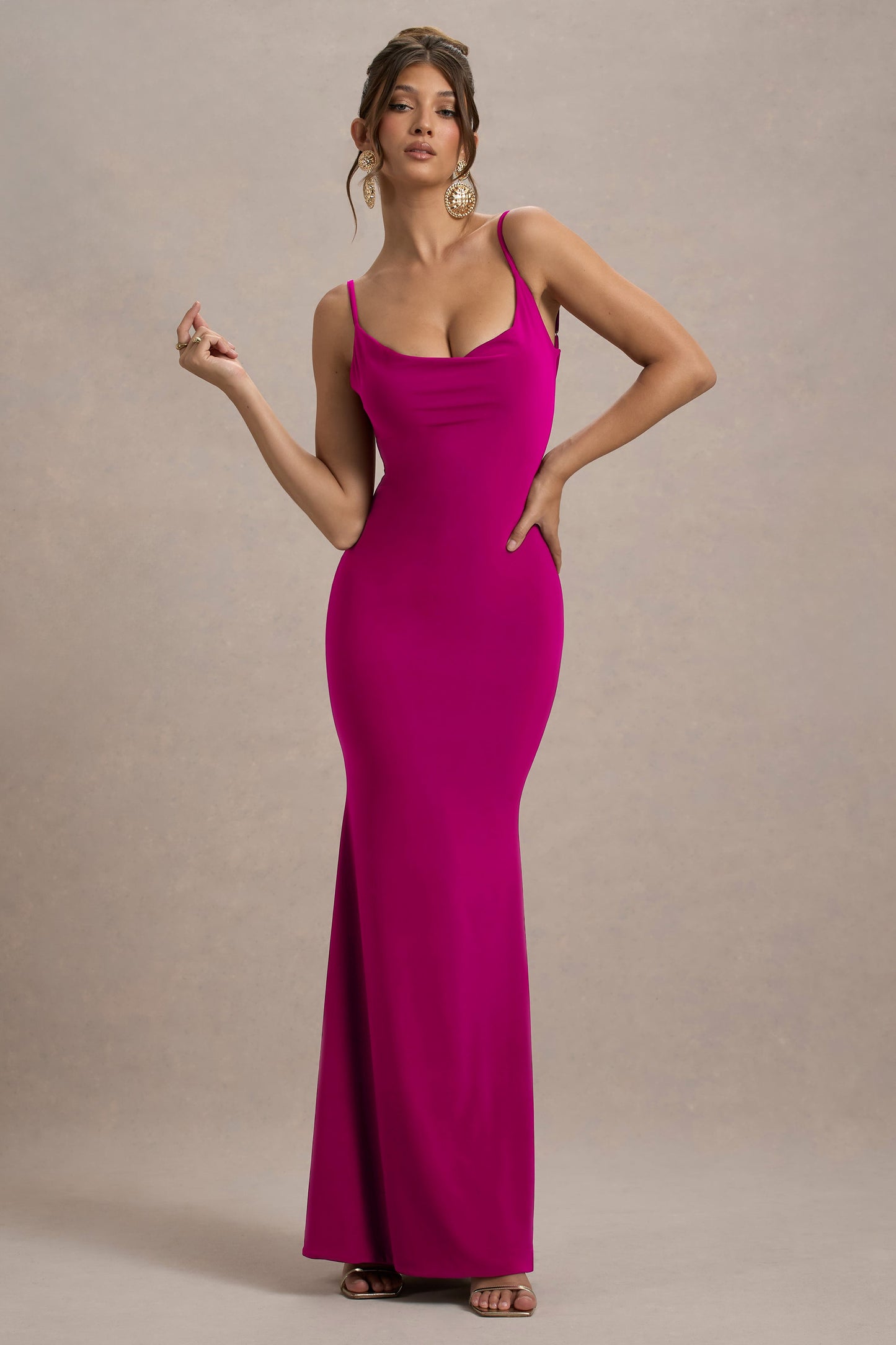 Francoise | Dark Pink Cowl Neck Backless Maxi Dress With Lace Insert