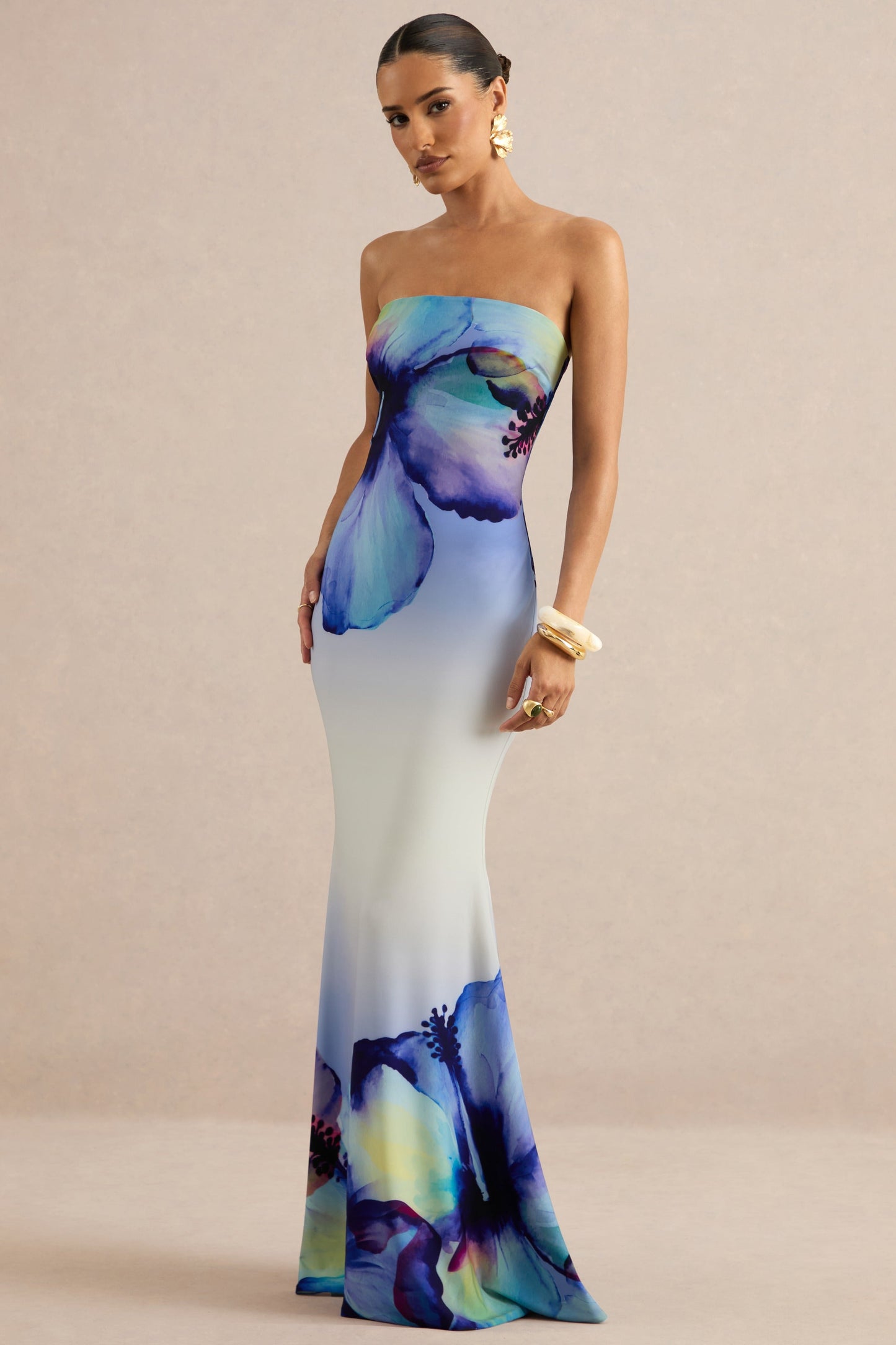 Ceremony | Blue Ombre Floral Print Bandeau Maxi Dress