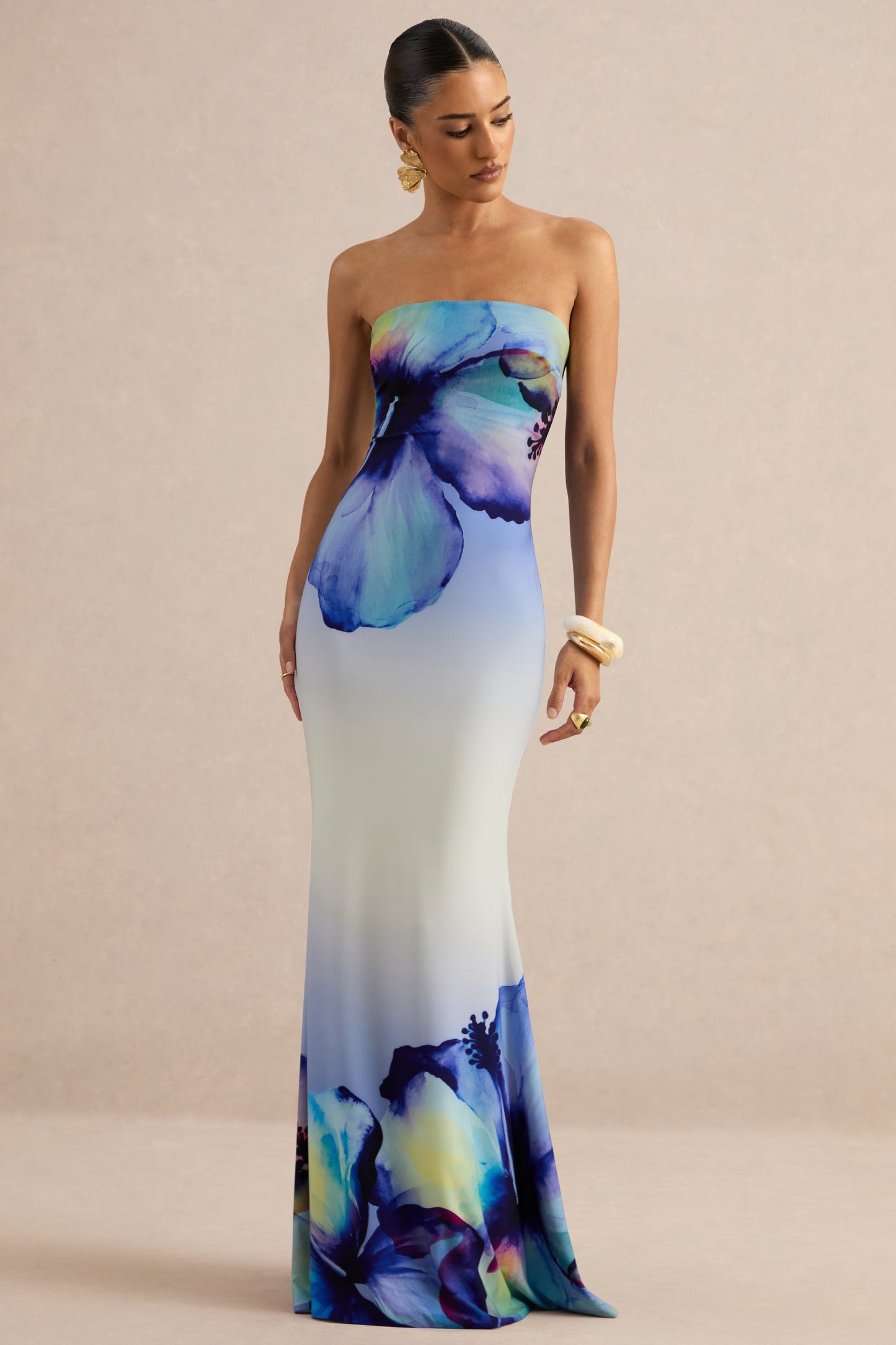 Ceremony | Blue Ombre Floral Print Bandeau Maxi Dress