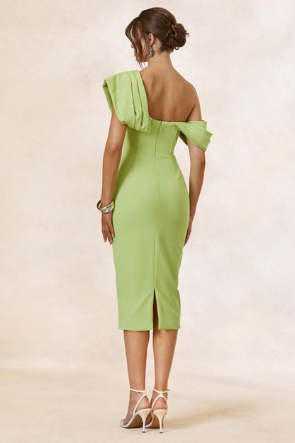 Adrina | Lime Draped One Shoulder Midi Dress