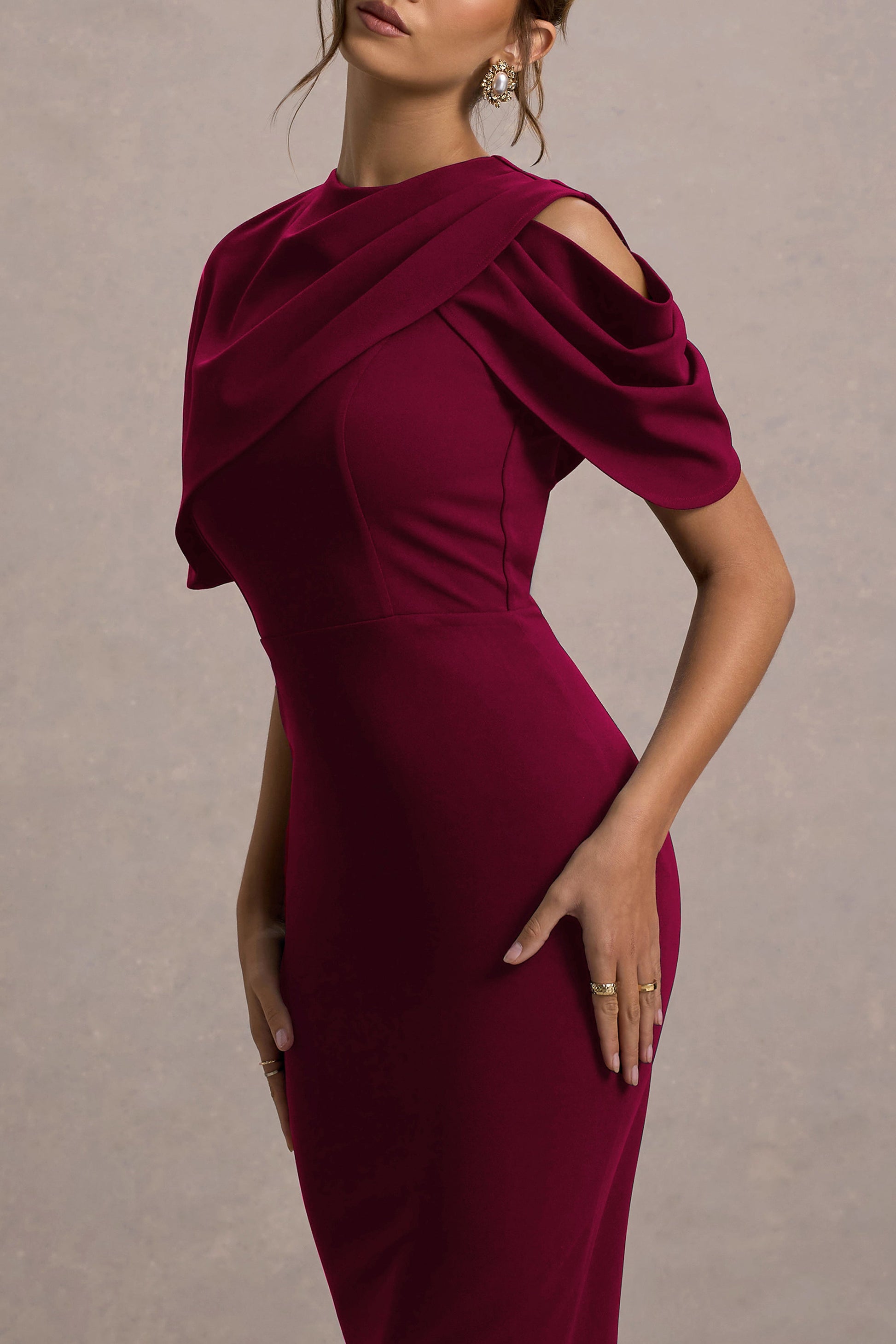 Dorothea | Berry Draped Midi Dress With Cape