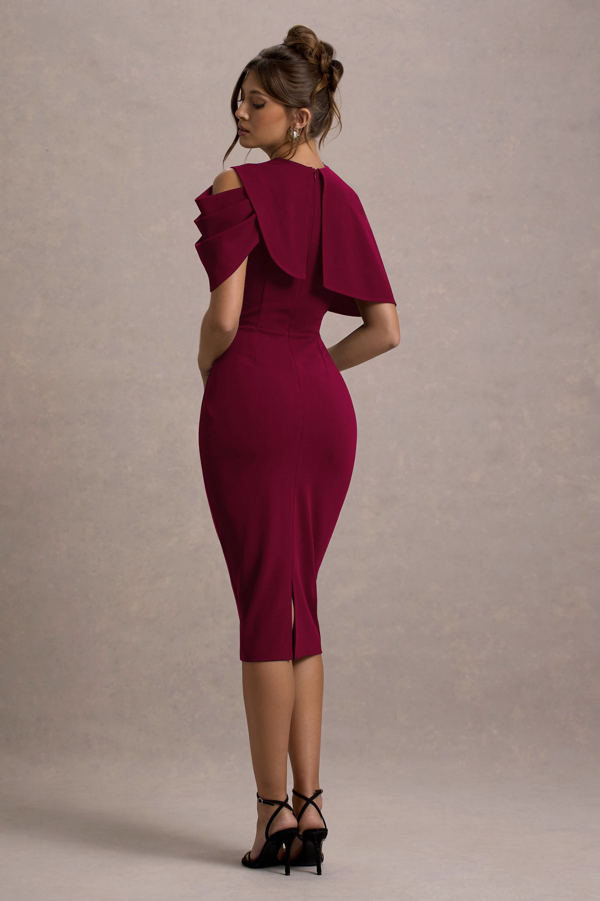 Dorothea | Berry Draped Midi Dress With Cape