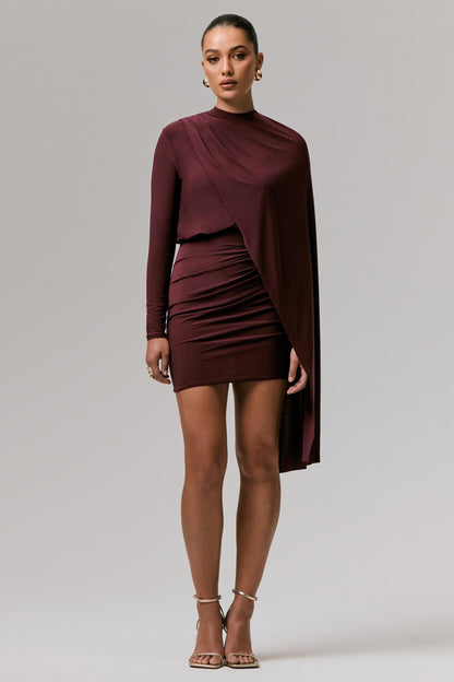 Celeste | Burgundy Long-Sleeve Mini Dress With Cape Sleeve