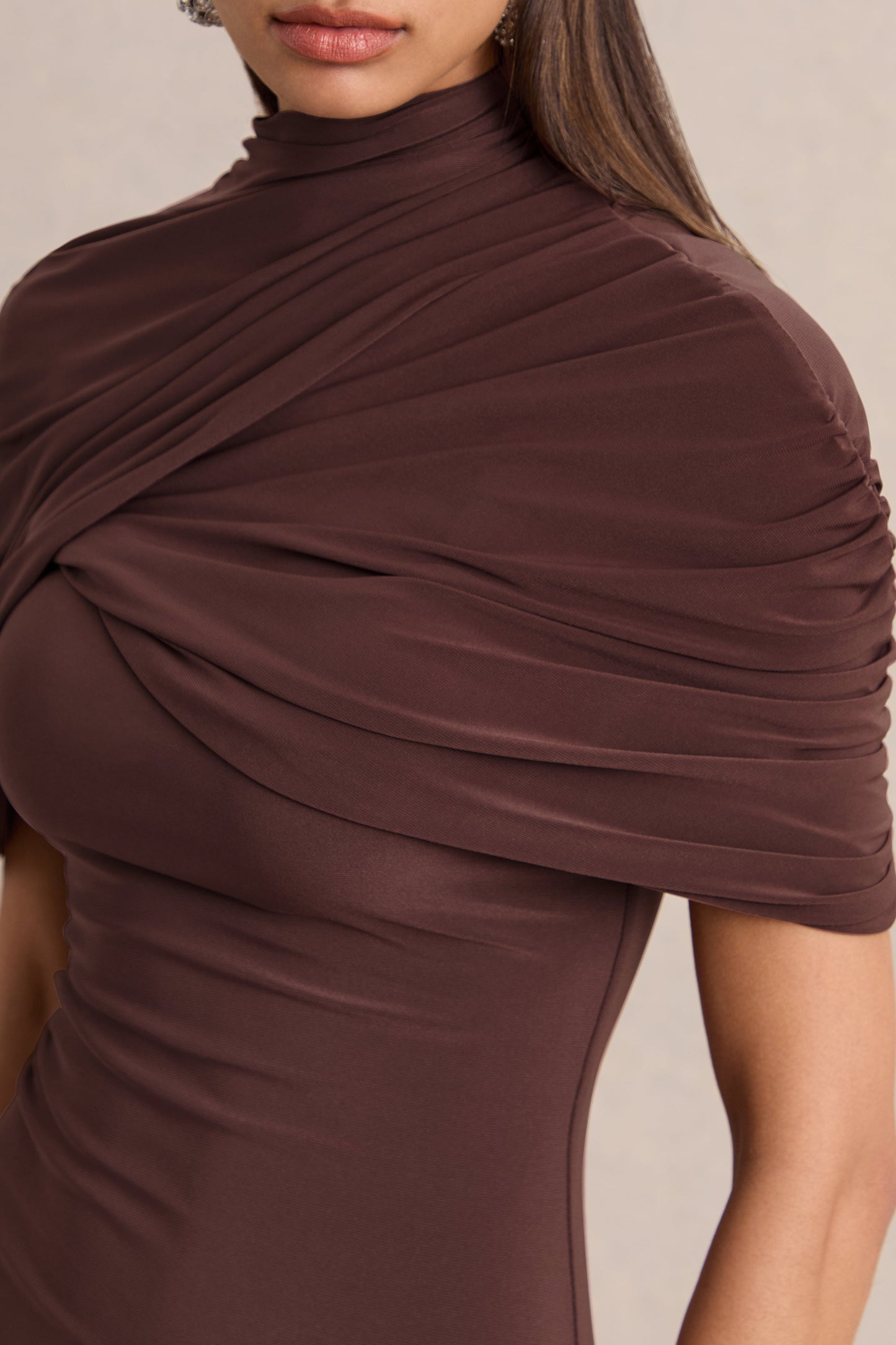 Perdi | Brown Bodycon Mini Dress With Twisted Cape