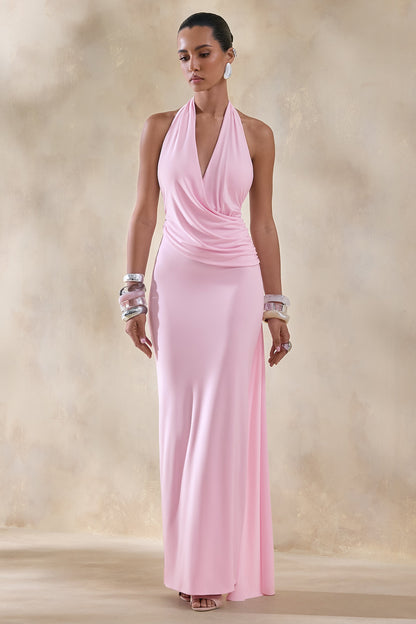 Rosina | Pink Halter-Neck Draped Maxi Dress With Sash