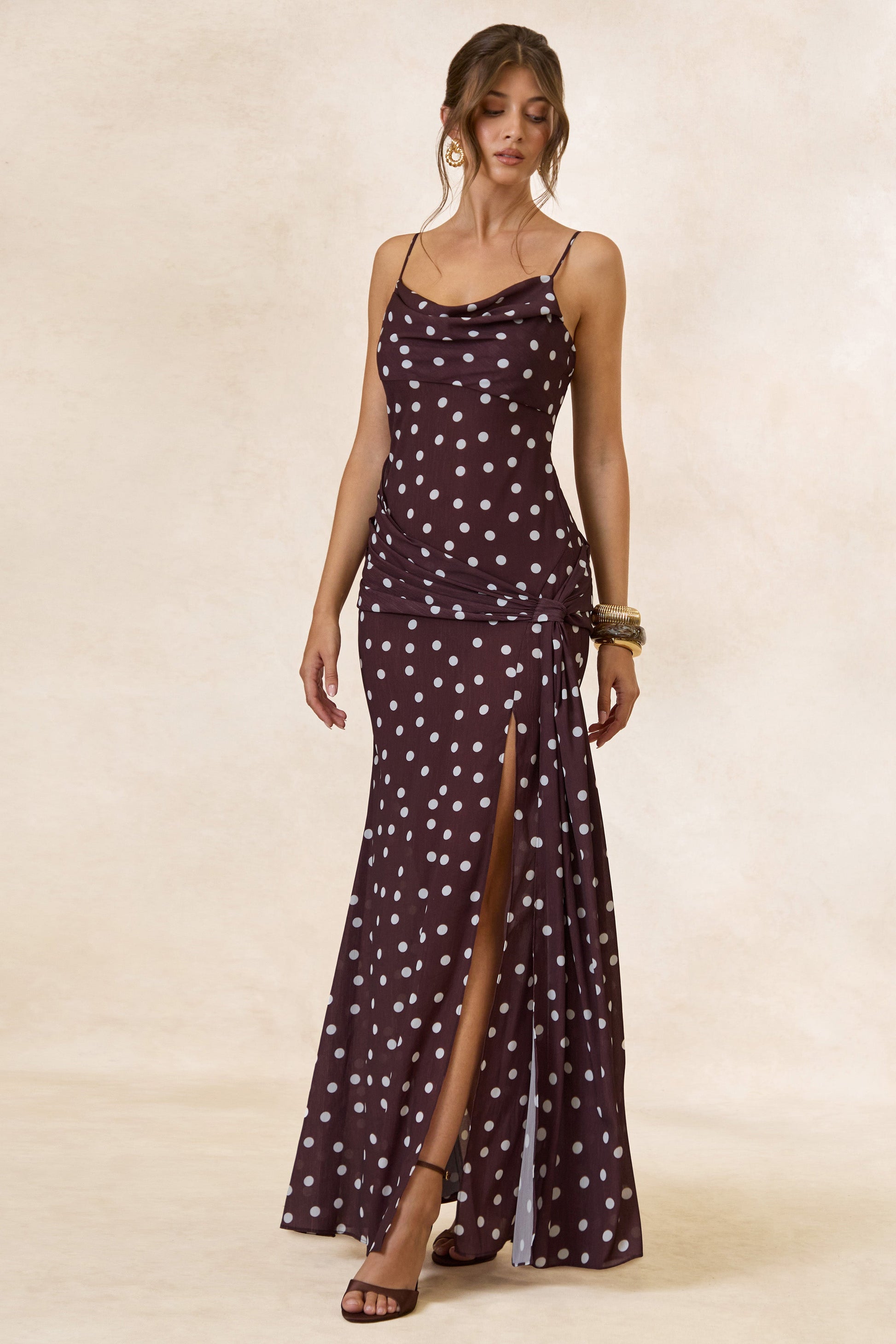 Virtue | Brown & White Polka Dot Cowl-Neck Fishtail Maxi Dress