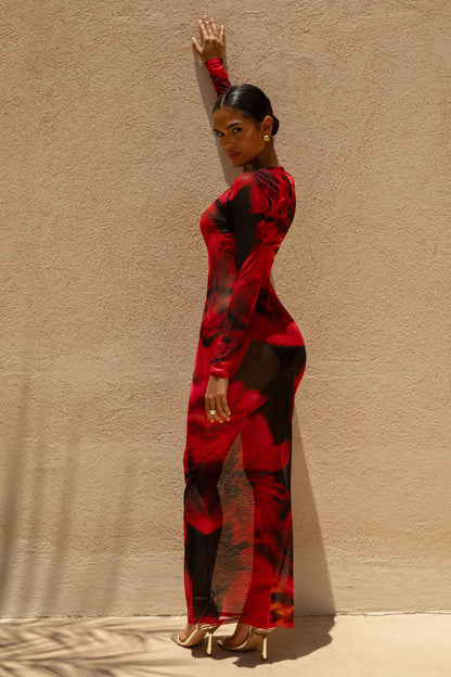 Marcy | Red And Black Floral Print High-Neck Maxi Dress
