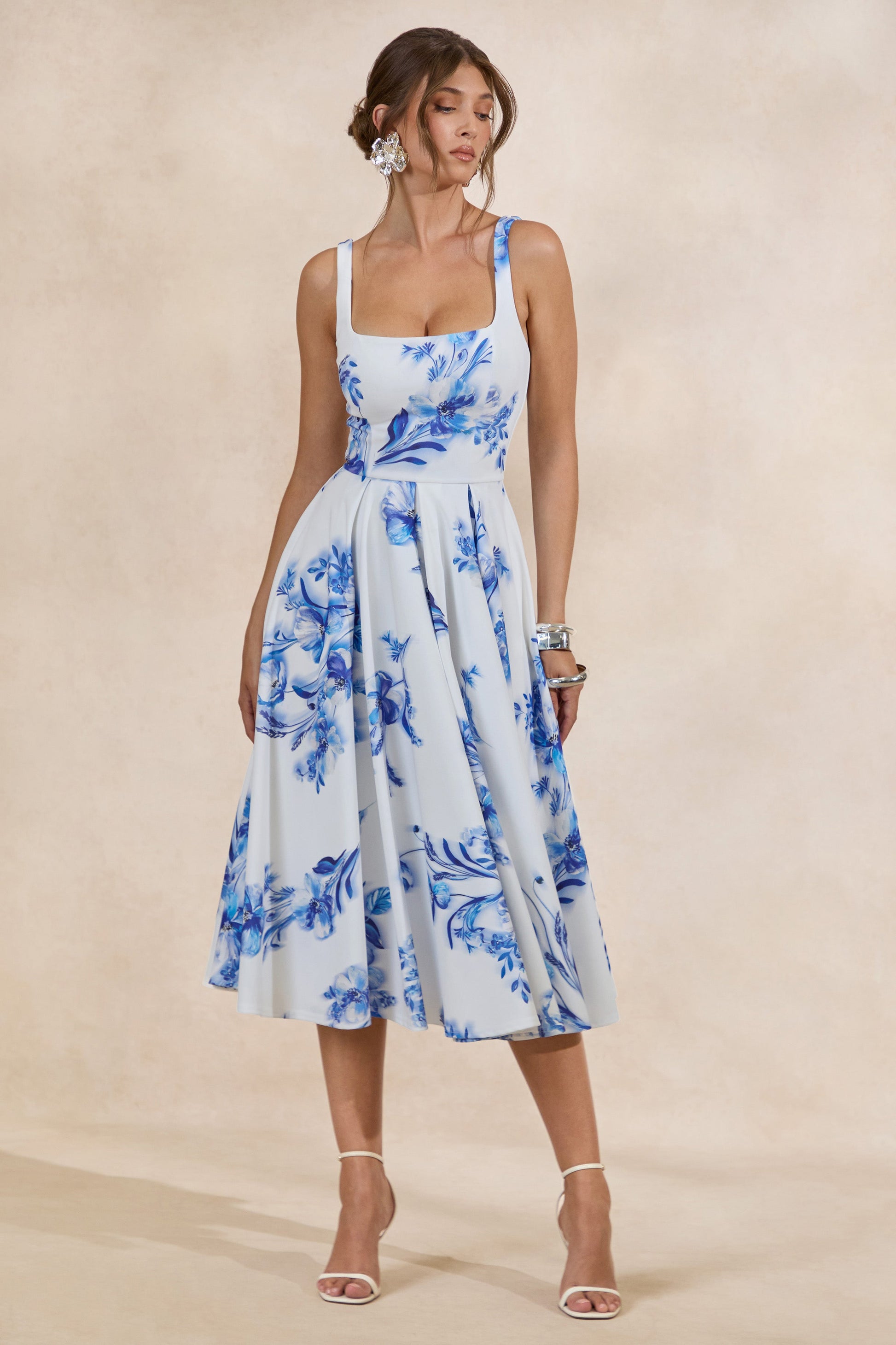 Lissa | Blue Floral Print Square-Neck Midi Dress