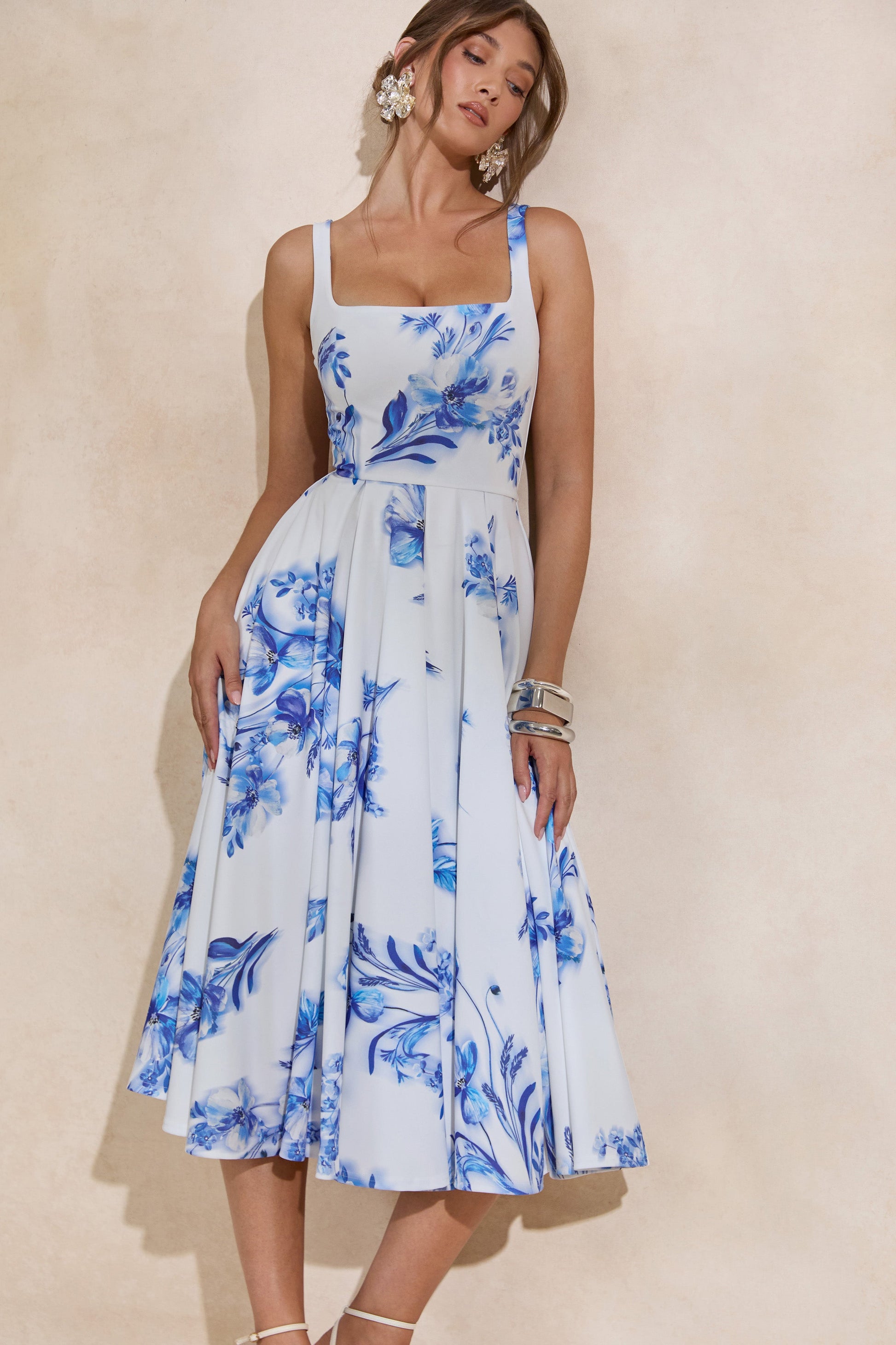 Lissa | Blue Floral Print Square-Neck Midi Dress