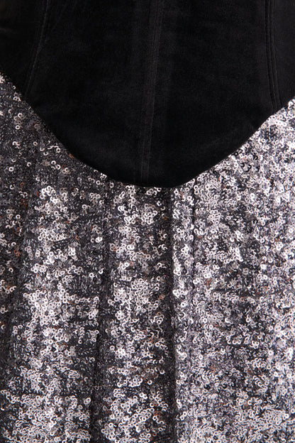 Aeris | Black Velvet And Silver Sequin Plunge-Neck Maxi Dress